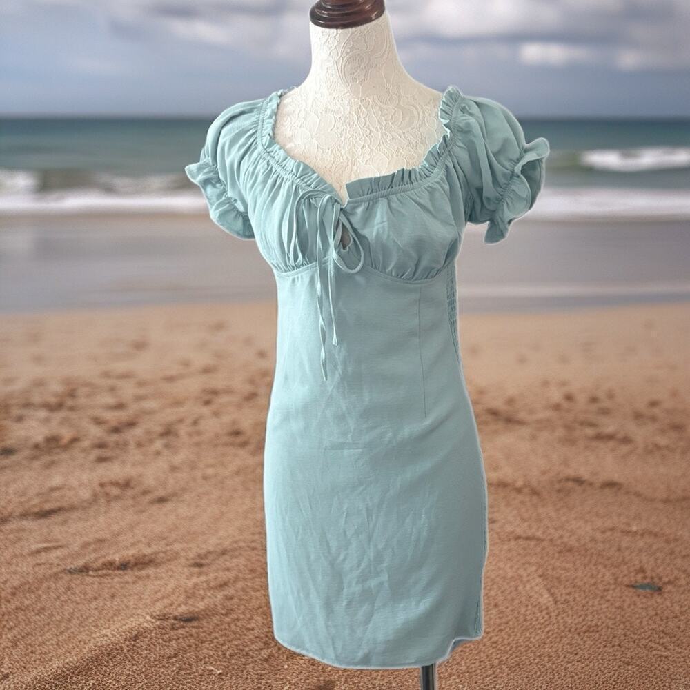 Papaya mint green puff sleeve mini dress smocked back L Cottagecore milkmaid